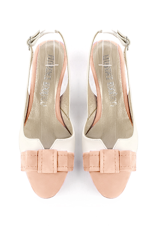 Powder pink and off white women's open back shoes, with a knot. Round toe. Medium block heels. Top view - Florence KOOIJMAN